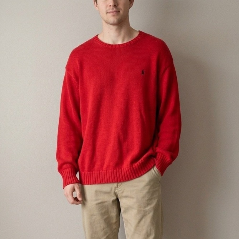 Polo Ralph Lauren Mens Sweater XXL Red Cotton Knit Crew Neck Pony Logo Preppy
